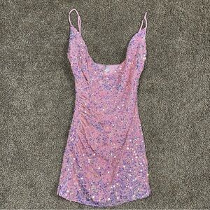 Lucy in the Sky Iridescent Sequin Bodycon Dress Pink Women’s Size Small Glitter
